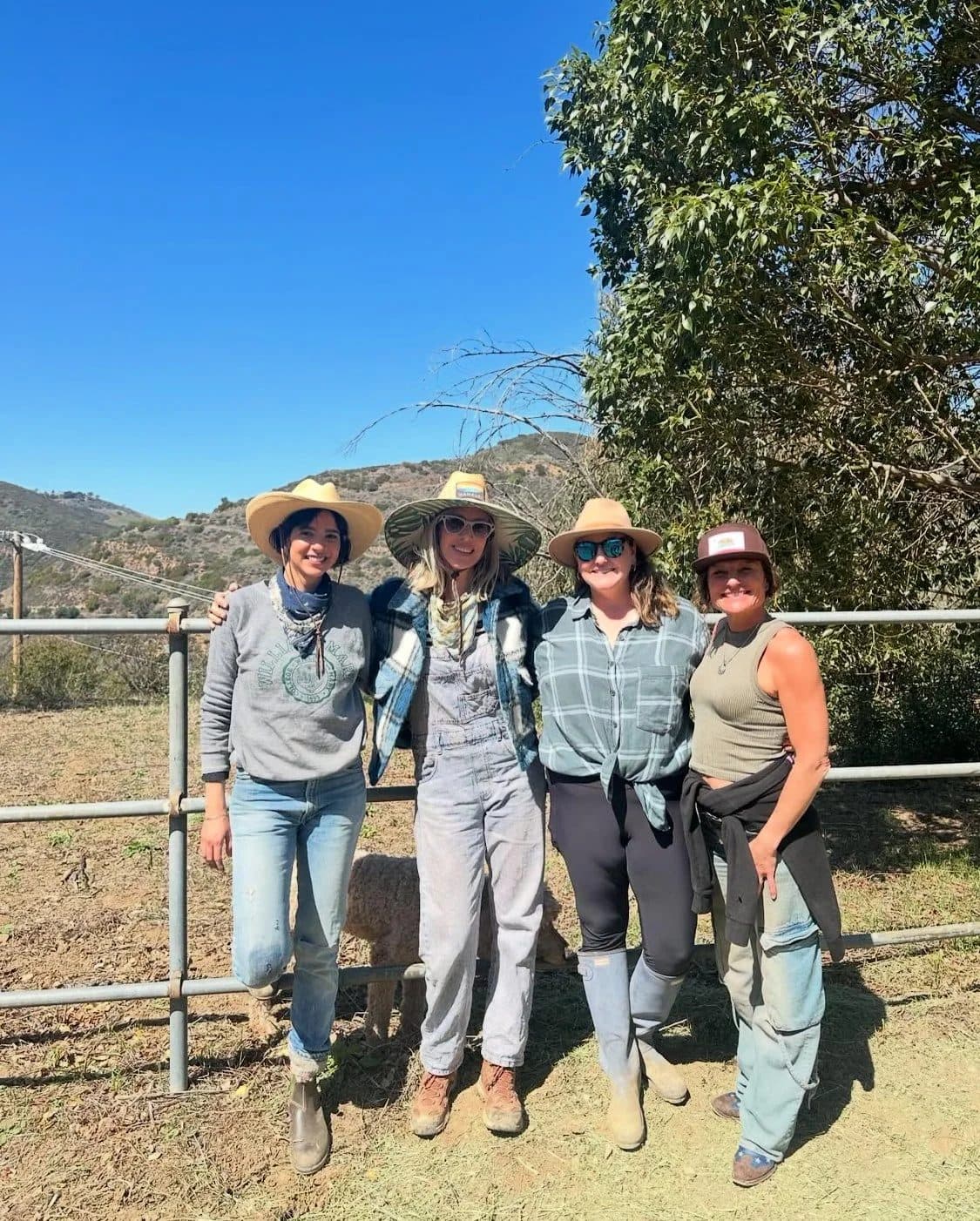 Four women in hats along the arena fence, the canyon behind them