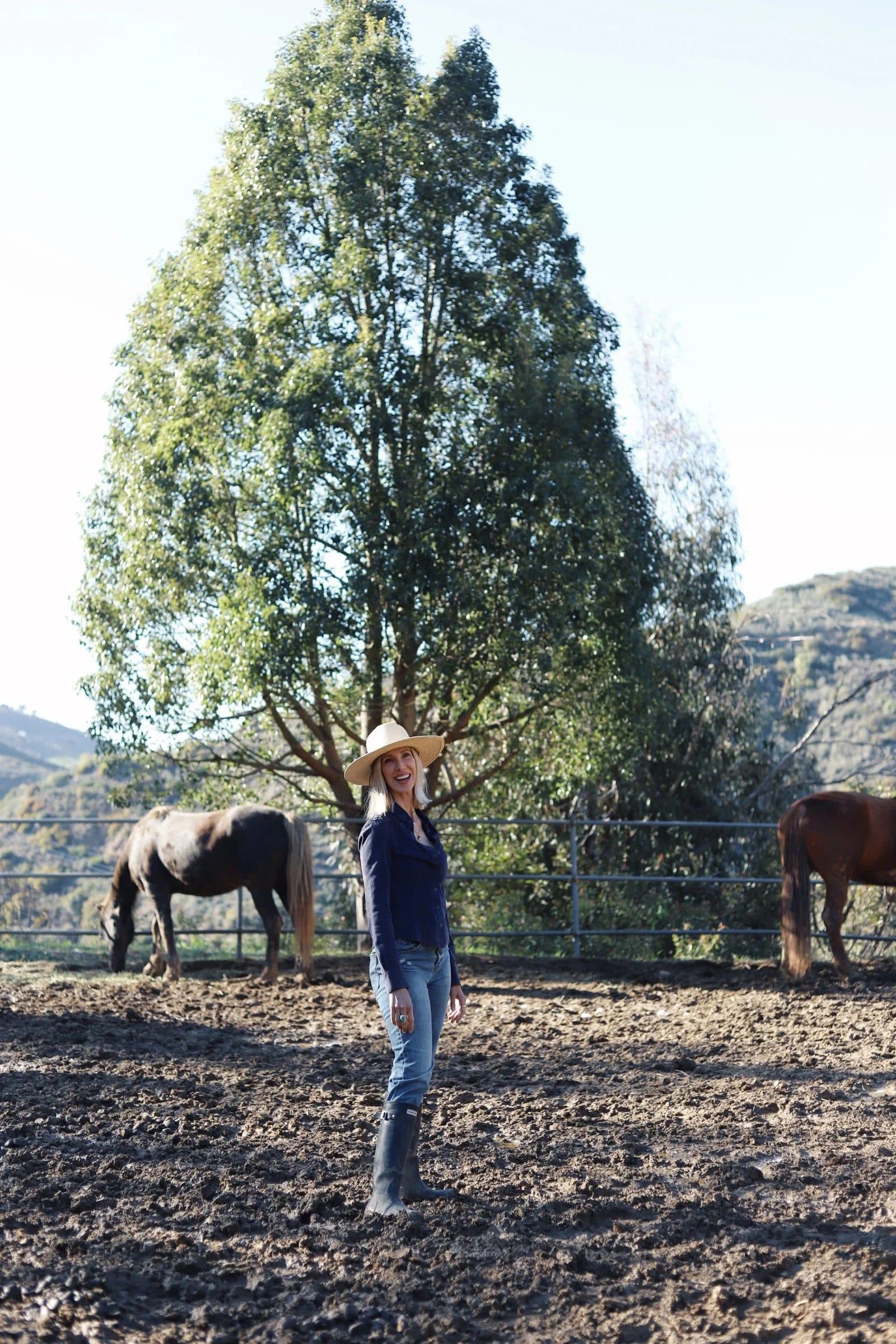 Rose Mary walking out across the paddock towards two horses under a tree