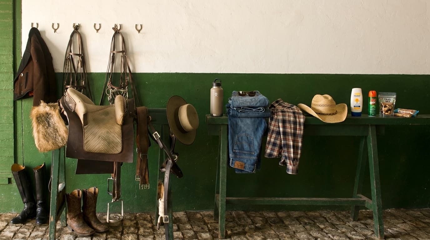 A tack room bench with boots, jeans, a flannel, a straw hat, water, sunglasses, sunscreen, bug spray and trail mix laid out, saddle and bridles hanging on the wall behind.